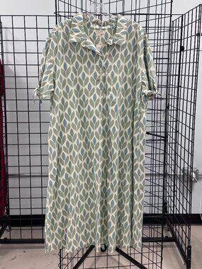 Linda Anderson 100% Cotton Dress Blue/Green Leaf Pattern Size Large NWT